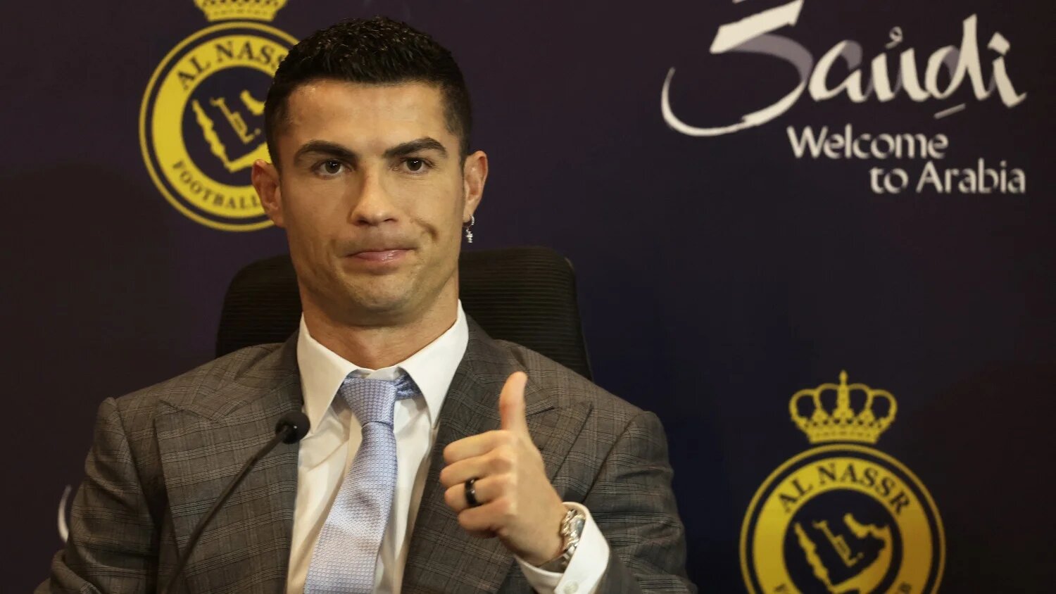Al Nassr unveils new signing Cristiano Ronaldo during press conference in Riyadh, Saudi Arabia on 3 January 2023.