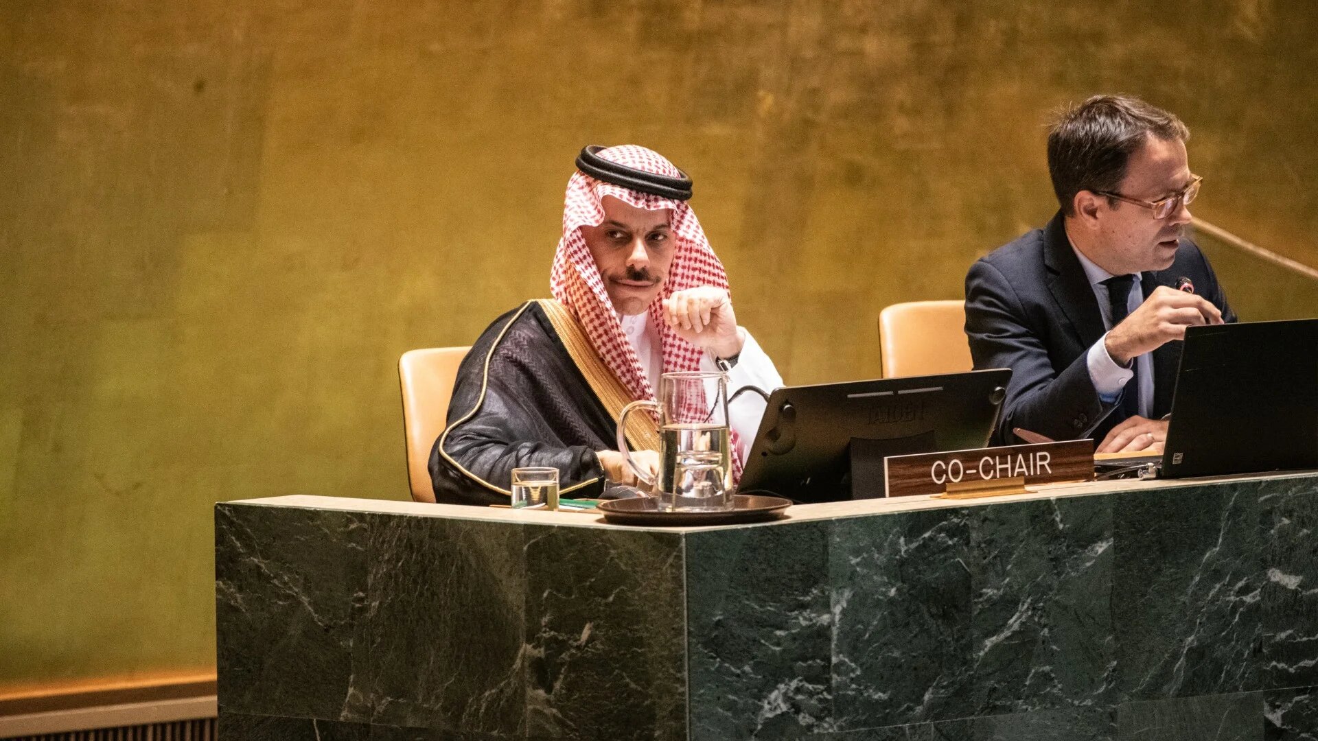 Saudi Arabia's foreign minister, Faisal bin Farhan Al Saud, co-chairs a conference on Palestine and a two-state solution at the UN on 29 July 2025 in New York City (Stephanie Keith/Getty Images via AFP)