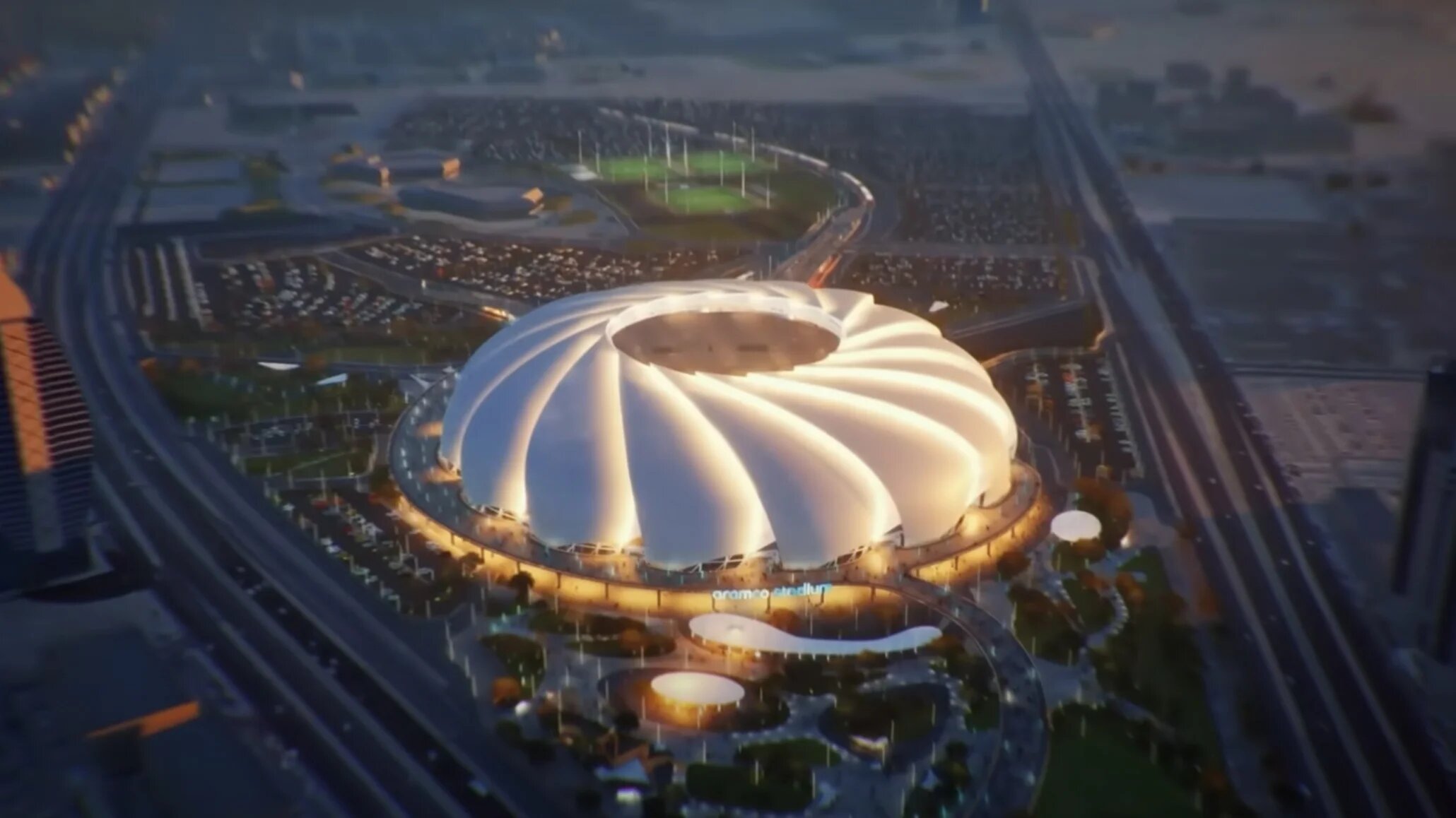 An impression of what the Aramco Stadium is expected to look like in Khobar, Saudi Arabia (Screenshot)