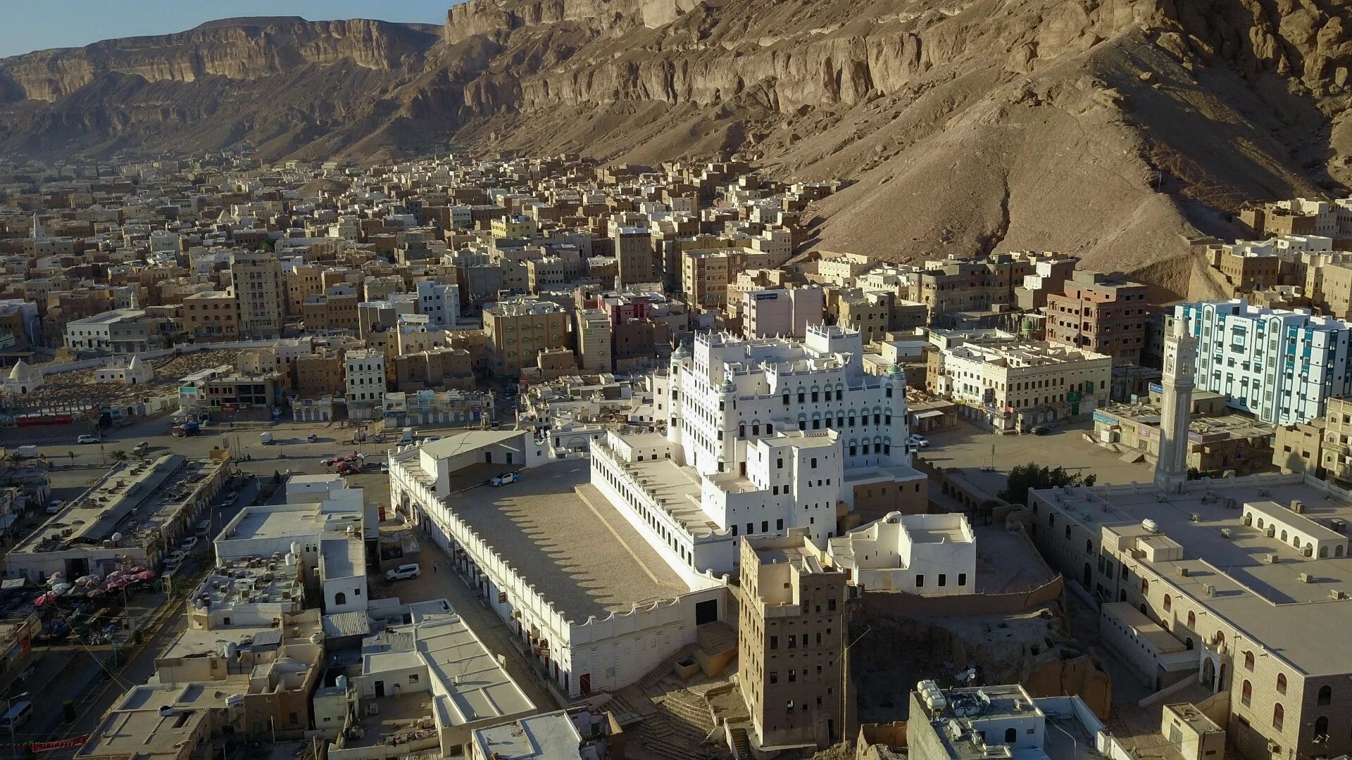 An aerial picture taken on 17 October 2020 shows a view of Seiyun Palace in the eponymous city, in Yemen's central Hadhramaut governorate (AFP)