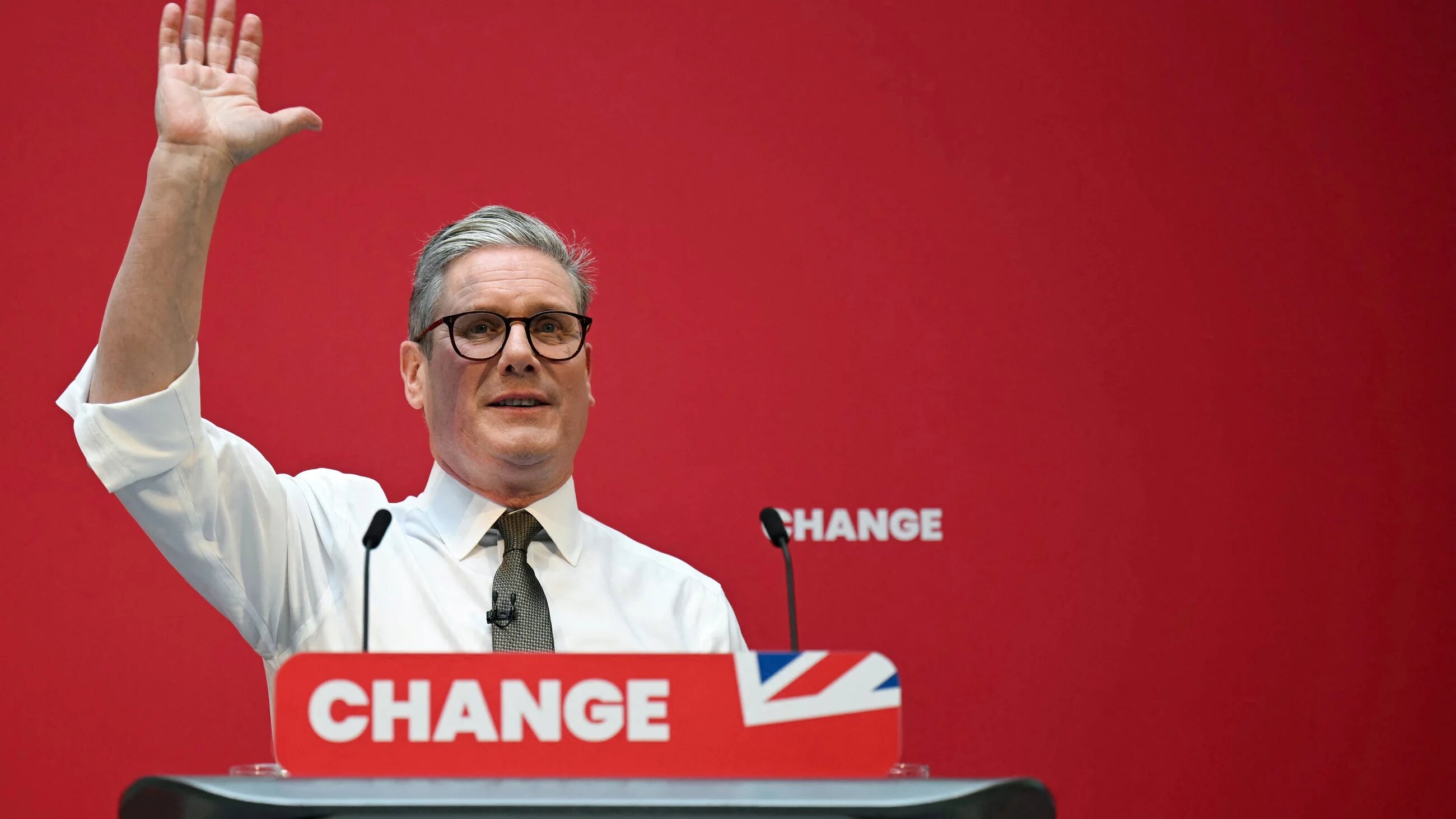  Labour Party leader Keir Starmer delivers a speech on stage during the launching of Labour Party election manifesto (AFP)