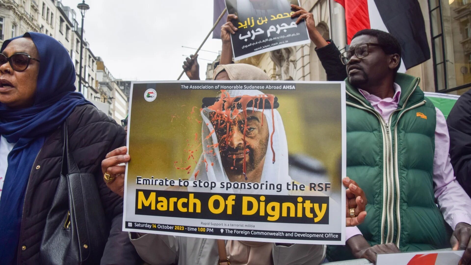 Protesters opposed to the Rapid Support Forces (RSF) militia and the role of the UAE in Sudan gather outside Lancaster House as the UK government hosts a conference on the conflict on 15 April (Vuk Valcic/ZUMA Press Wire/Reuters)