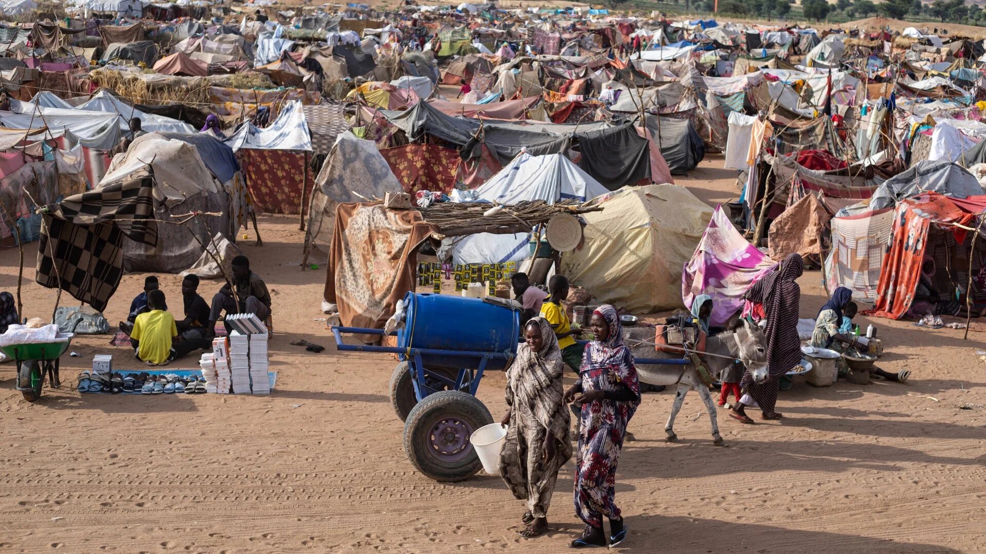 Displaced Sudanese who fled el-Fasher walk in the Um Yanqur camp, in Tawila, western Darfur, on 3 November 2025 (AFP)