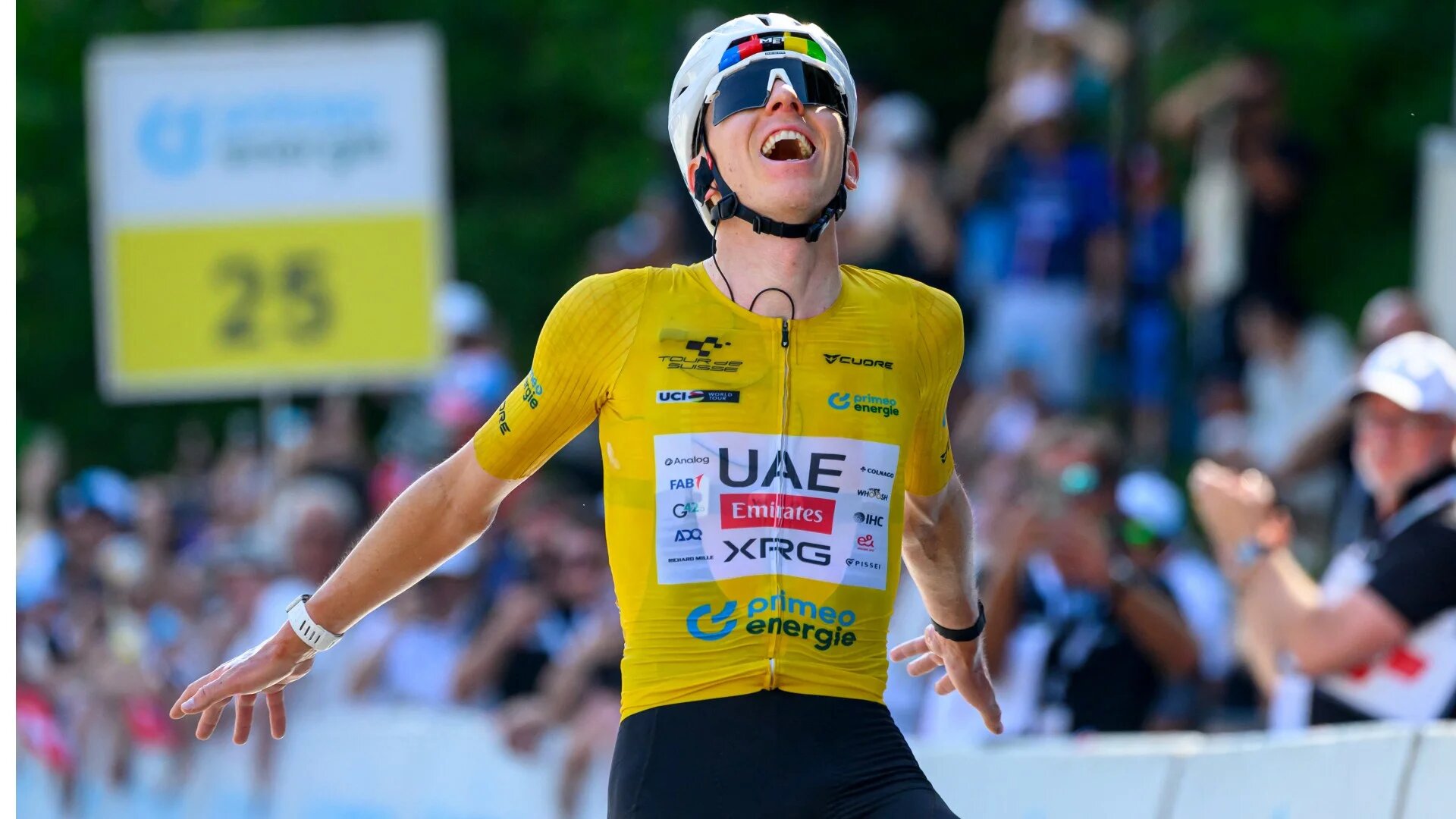 UAE Team Emirates - XRG team's Slovenian rider Tadej Pogacar celebrates in Villars-sur-Ollon on 21 June 2026 (AFP/Harold Cunningham)