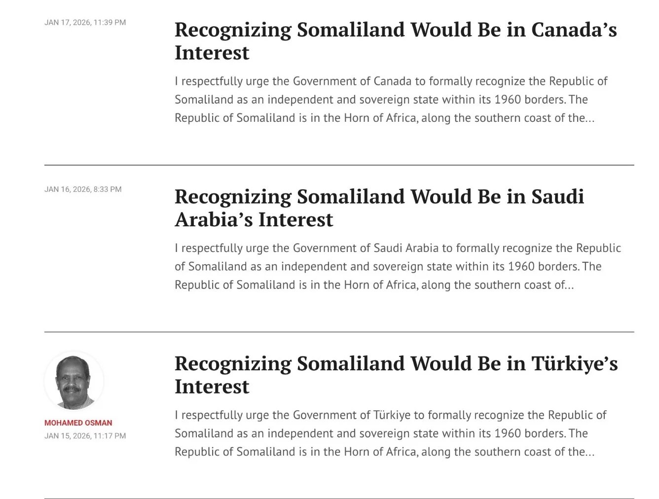 A screenshot from the author page of Mohamed Osman, a Somaliland advocate, on the Times of Israel's website (Screenshot)