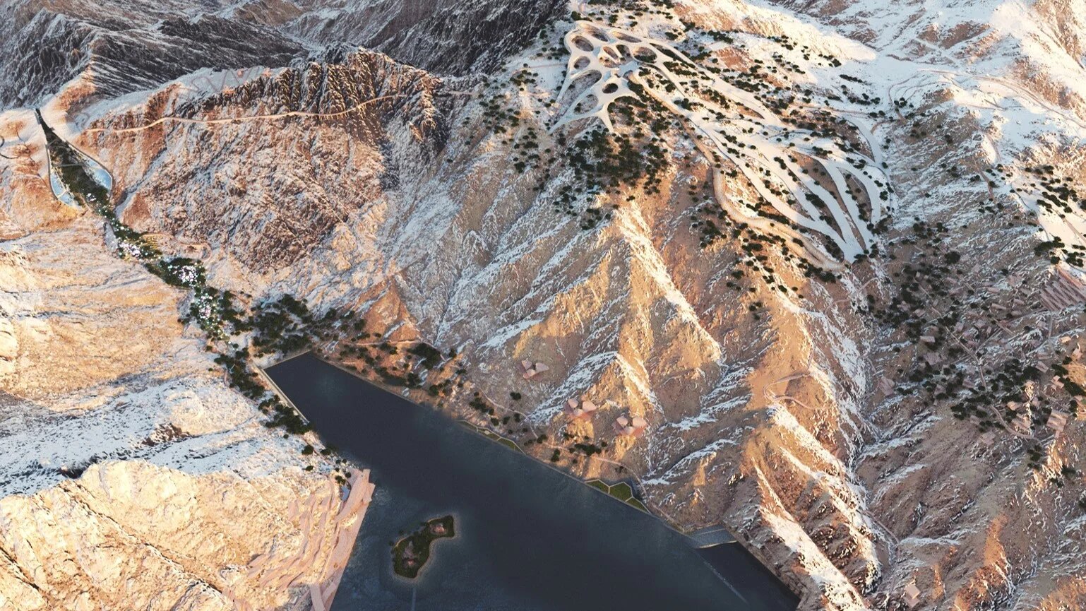 A handout image provided by Neom in October 2022 shows a view of the design plan for Trojena, an area in Saudi Arabia's planned megacity of Neom chosen to host the 2029 Asian Winter Games (Neom/AFP)