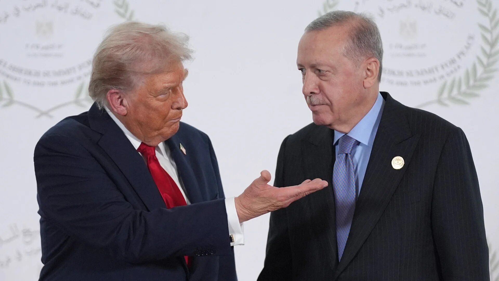 US President Donald Trump greets Turkish President Recep Tayyip Erdogan during a summit on Gaza in Sharm el-Sheikh on 13 October 2025 (Evan Vucci/AFP)