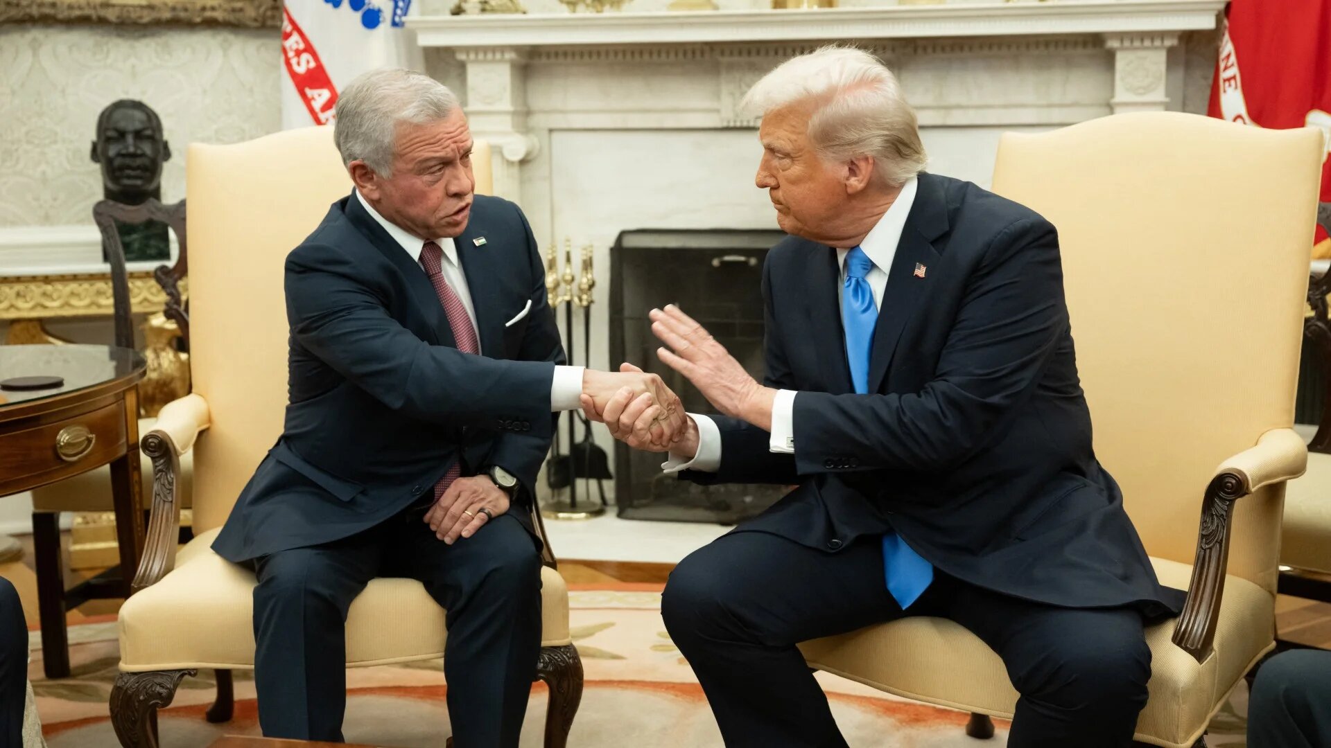 US President Donald Trump shakes hands with King Abdullah II of Jordan during a meeting in the Oval Office of the White House in Washington, DC, on 11 February 2025 (AFP/Saul Loeb)