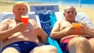 US President Donald Trump and Israeli Prime Minister Benjamin Netanyahu sipping cocktails on the Gaza beach in an AI video shared by the president on Truth Social (Screengrab)