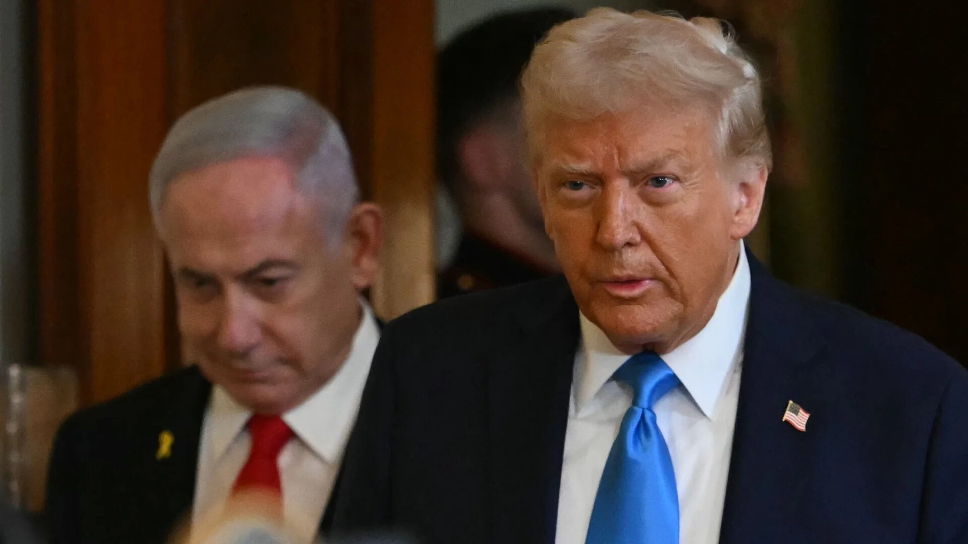 US President Donald Trump and Israel's Prime Minister Benjamin Netanyahu arrive to hold a press conference in the East Room of the White House in Washington, DC, on 4 February 2025 (Andrew Caballero Reynolds)