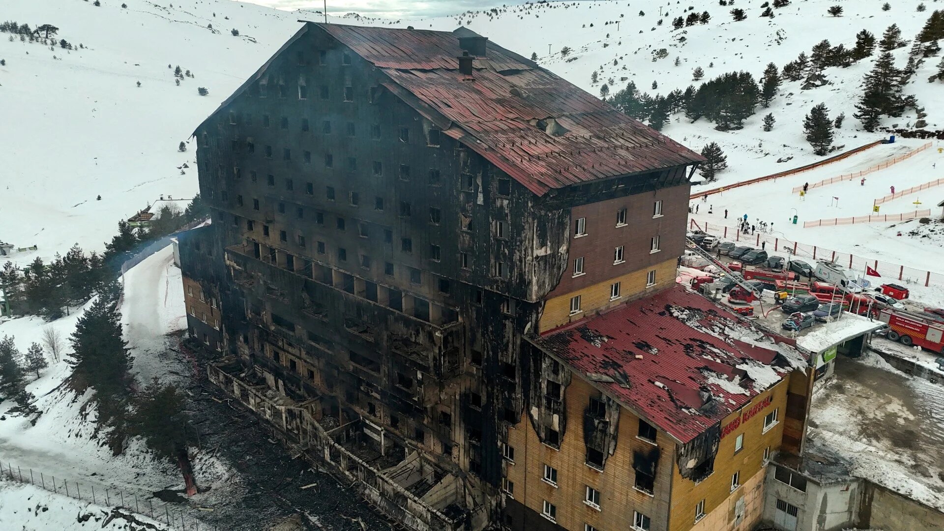 A drone view shows the aftermath of a fire at a hotel in the ski resort of Kartalkaya in Bolu, Turkey, 21 January (Reuters/Murad Sezer)