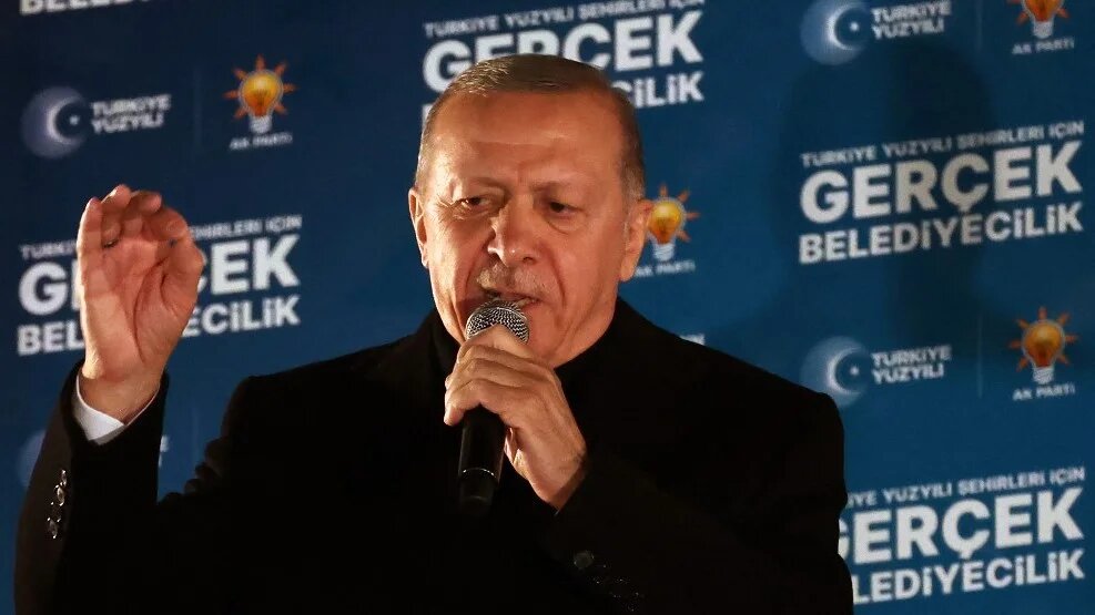 Turkish President and leader of Justice and Development (AK) Party Recep Tayyip Erdogan delivers a speech after the Turkish local Municipal elections, at AK Party Headquarters in Ankara on 1 April 2024 (AFP)