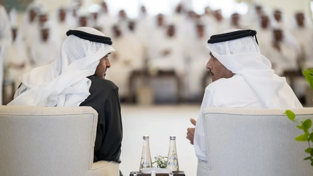 UAE President Mohammed bin Zayed (L) meets Qatari Prime Minister Mohammed bin Abdulrahman Al-Thani in Abu Dhabi on 10 June 2025 (Hamad al-Kaabi/UAE Presidential Court/AFP)