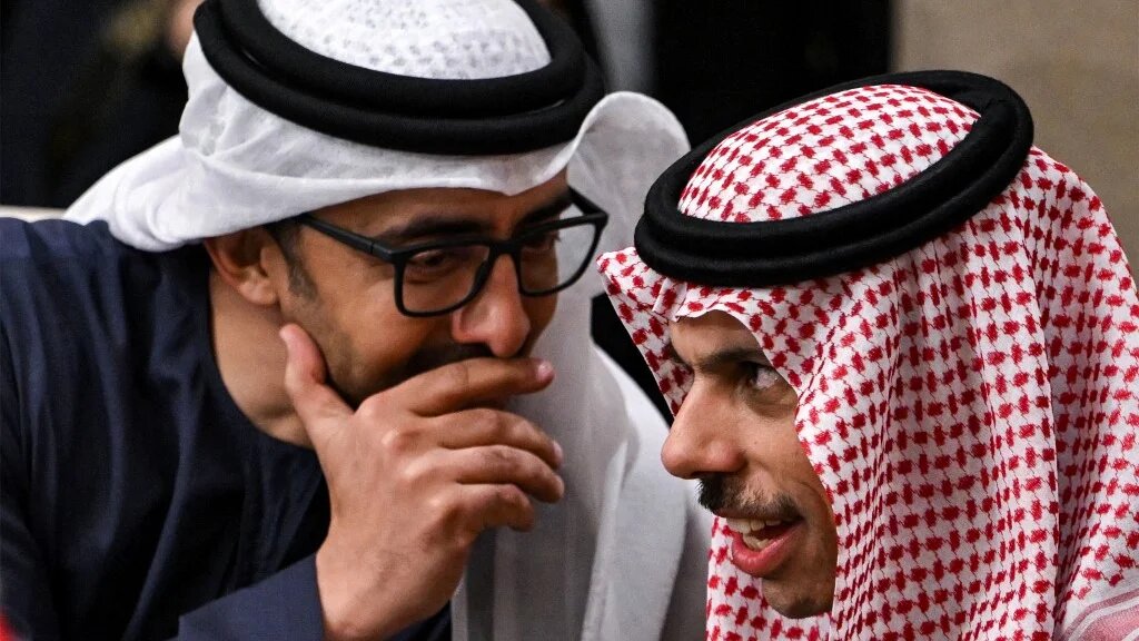 UAE Foreign Minister Abdullah bin Zayed al-Nahyan (L) speaks with Saudi Foreign Minister Faisal bin Farhan al-Saud in Aqaba, Jordan, on 14 December 2024 (Andrew Caballero-Reynolds/AFP)