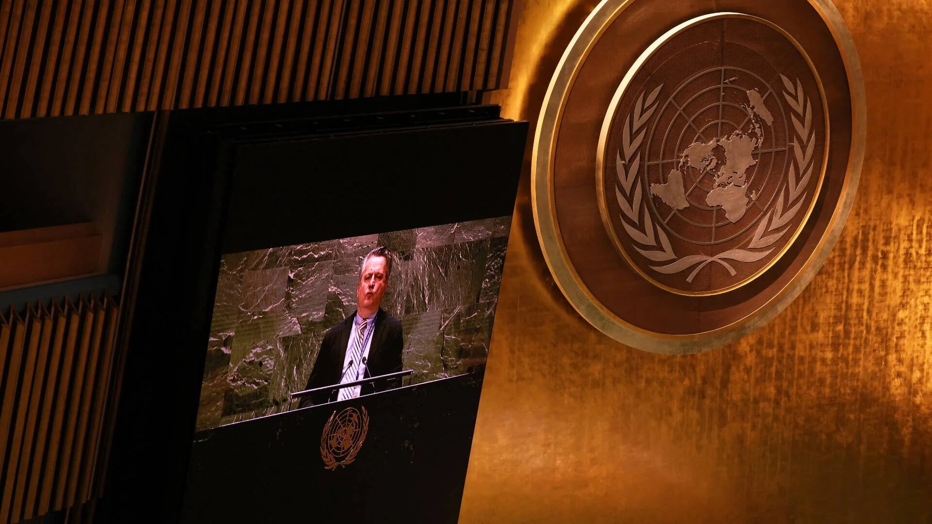 Sergiy Kyslytsya, Ukraine's ambassador to the UN, speaks as members of the UN General Assembly meet for a session on the invasion of Ukraine on 7 April 2022.