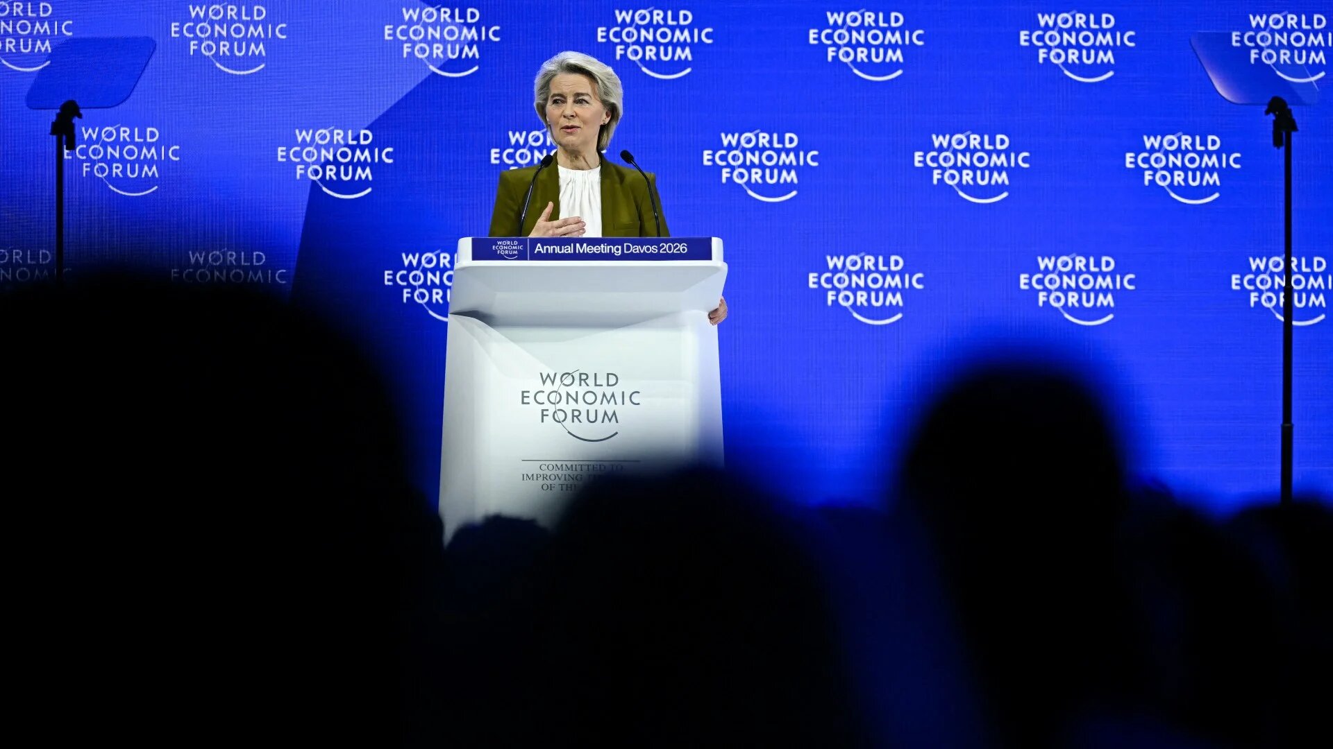 European Commission President Ursula von der Leyen delivers a speech during the World Economic Forum annual meeting in Davos on 20 January 2026 (Fabrice Coffrini/AFP)