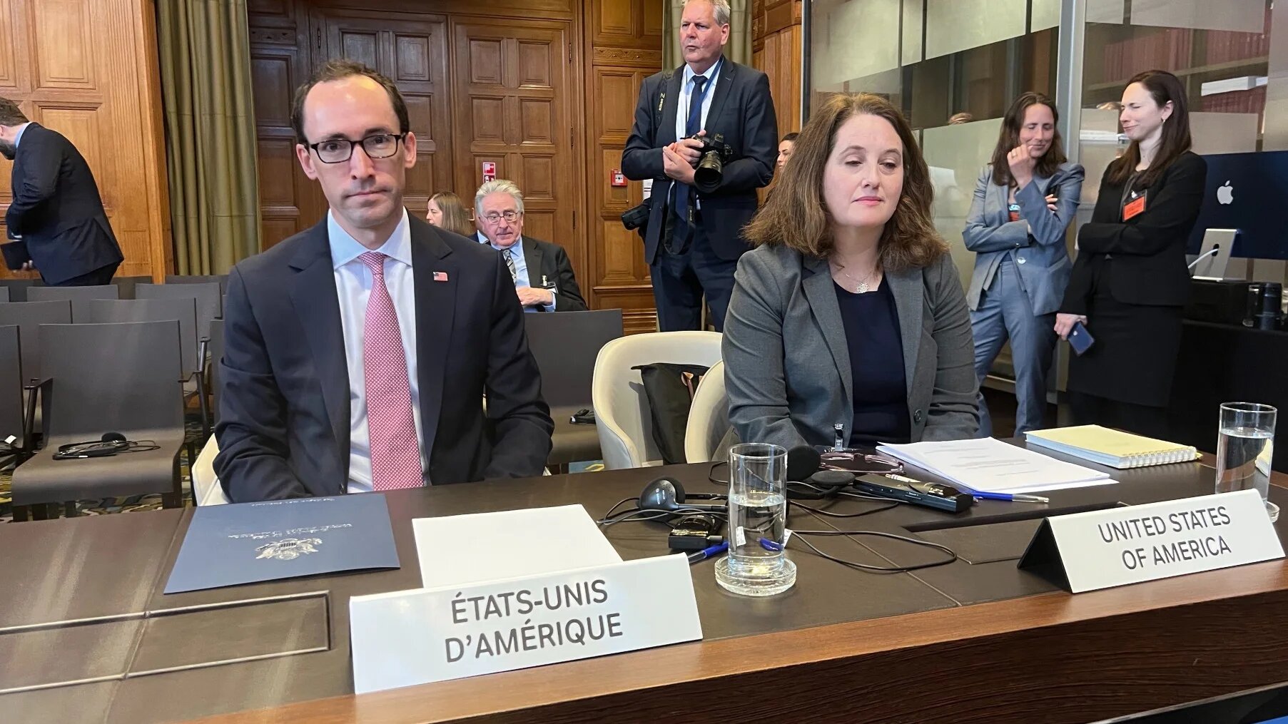 Joshua Simmons, the Senior Bureau Official of the Office of the Legal Adviser at the US Department of State, taking part in ICJ proceedings on 30 April 2025 (Sondos Asem/MEE)