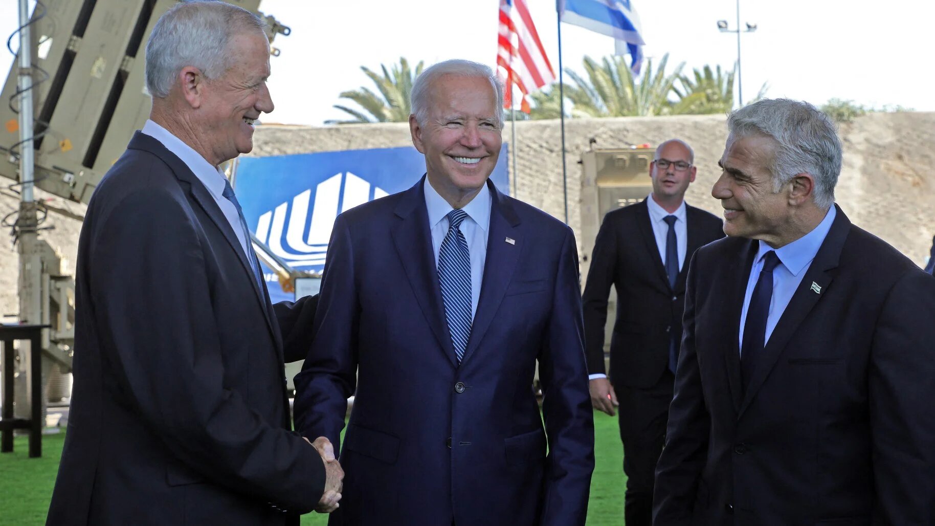 Israel's Defence Minister Benny Gantz shakes hands with US President Joe Biden at Ben Gurion Airport near Tel Aviv, on Israel's Defence Minister Benny Gantz shakes hands with US President Joe Biden at Ben Gurion Airport near Tel Aviv, on 13 July 2022. July 2022.