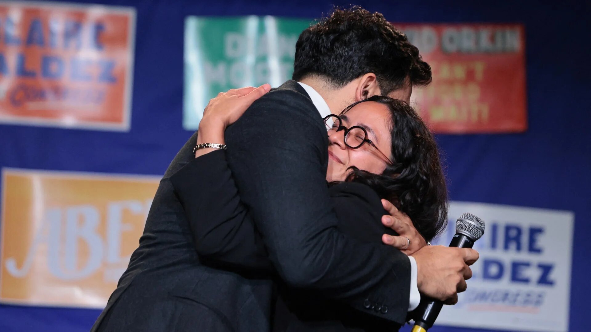New York City Mayor Zohran Mamdani and Congressional candidate Claire Valdez embrace during a primary-night watch party on 23 June 2026 in Brooklyn, New York City (Michael M. Santiago/Getty Images via AFP)