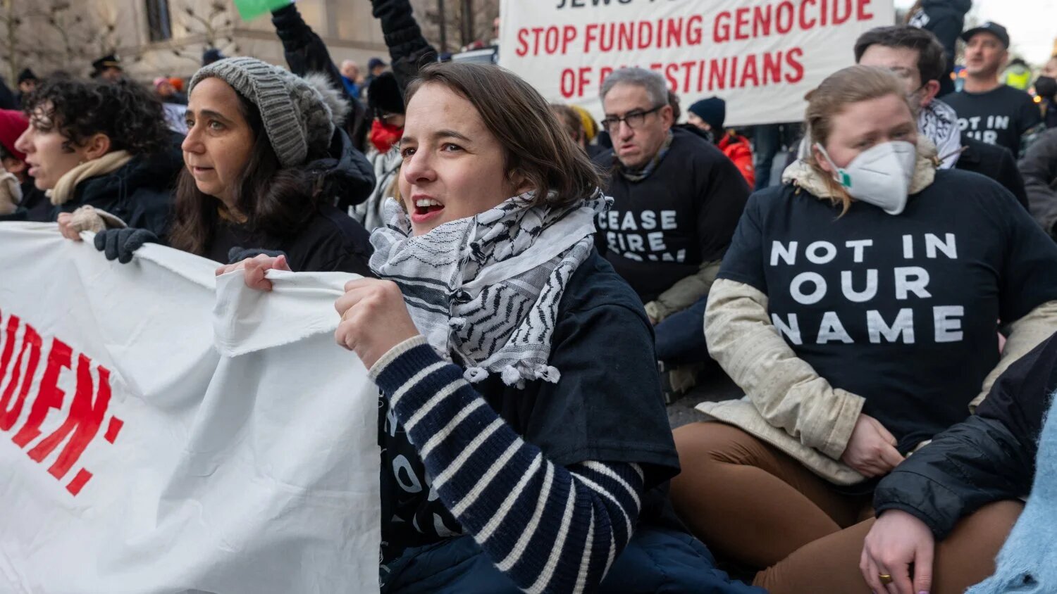 Members of the activist group Jewish Voice for Peace protest President Joe Biden's visit due to his continued support for Israel in its war in Gaza on 7 February 2024 in New York City.