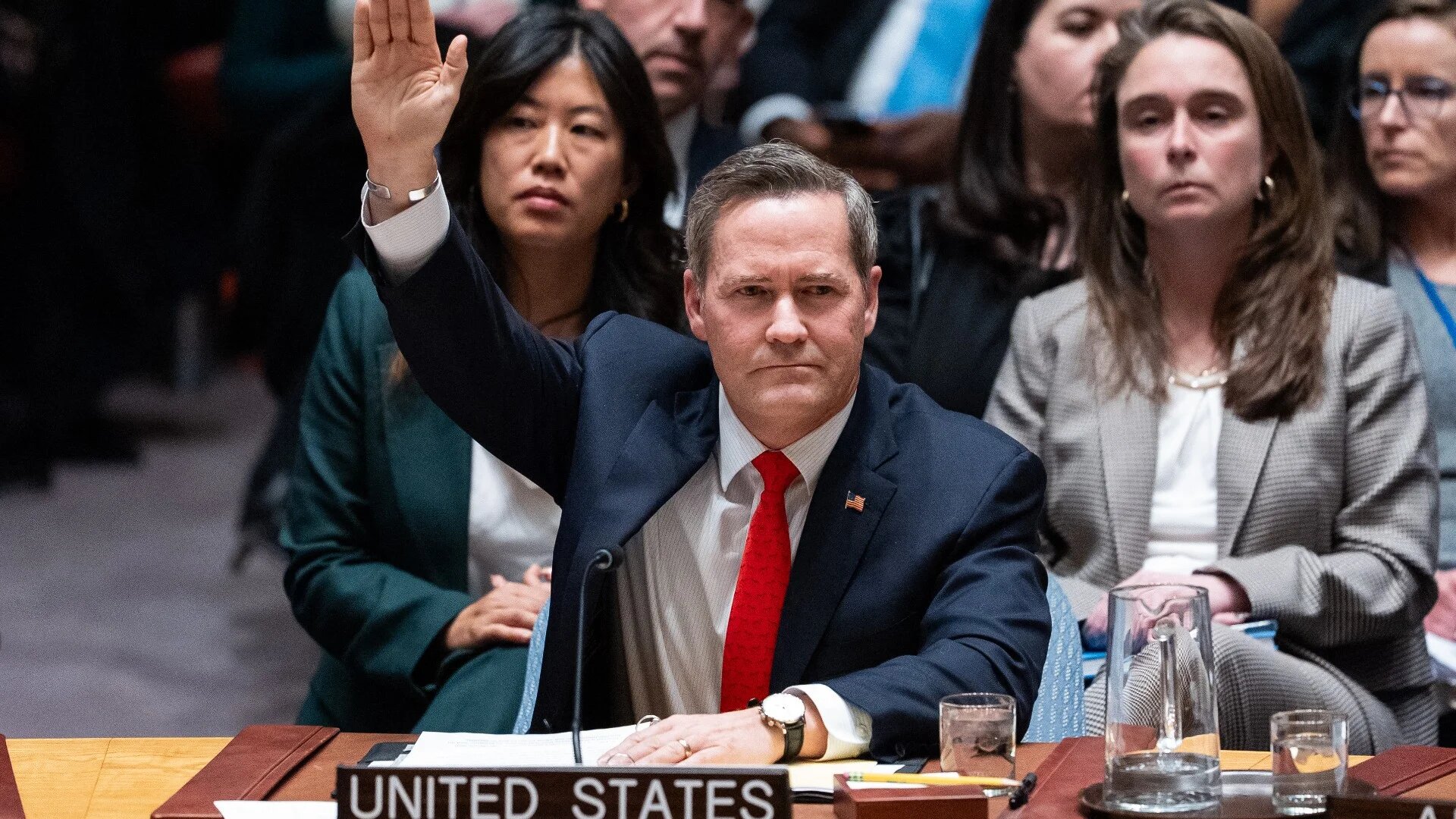 US Ambassador to the UN Michael Waltz votes in favour of the Security Council Resolution on a UN mandate to establish an international stabilisation force in Gaza, at UN headquarters in New York, 17 November 2025 (AFP)