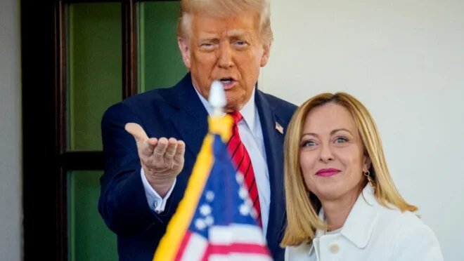 US President Donald Trump greets Italian Prime Minister Giorgia Meloni outside the White House on 17 April 2025 (Andrew Harnik/Getty Images/AFP)