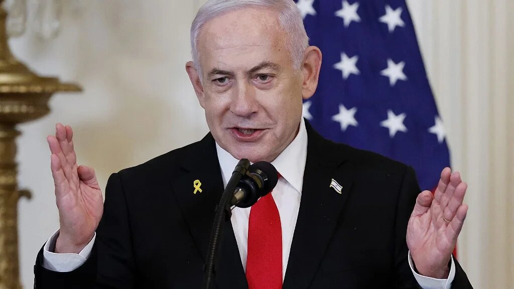 Israeli Prime Minister Benjamin Netanyahu speaking from the White House (Chip Somodevilla/Getty Images via AFP)