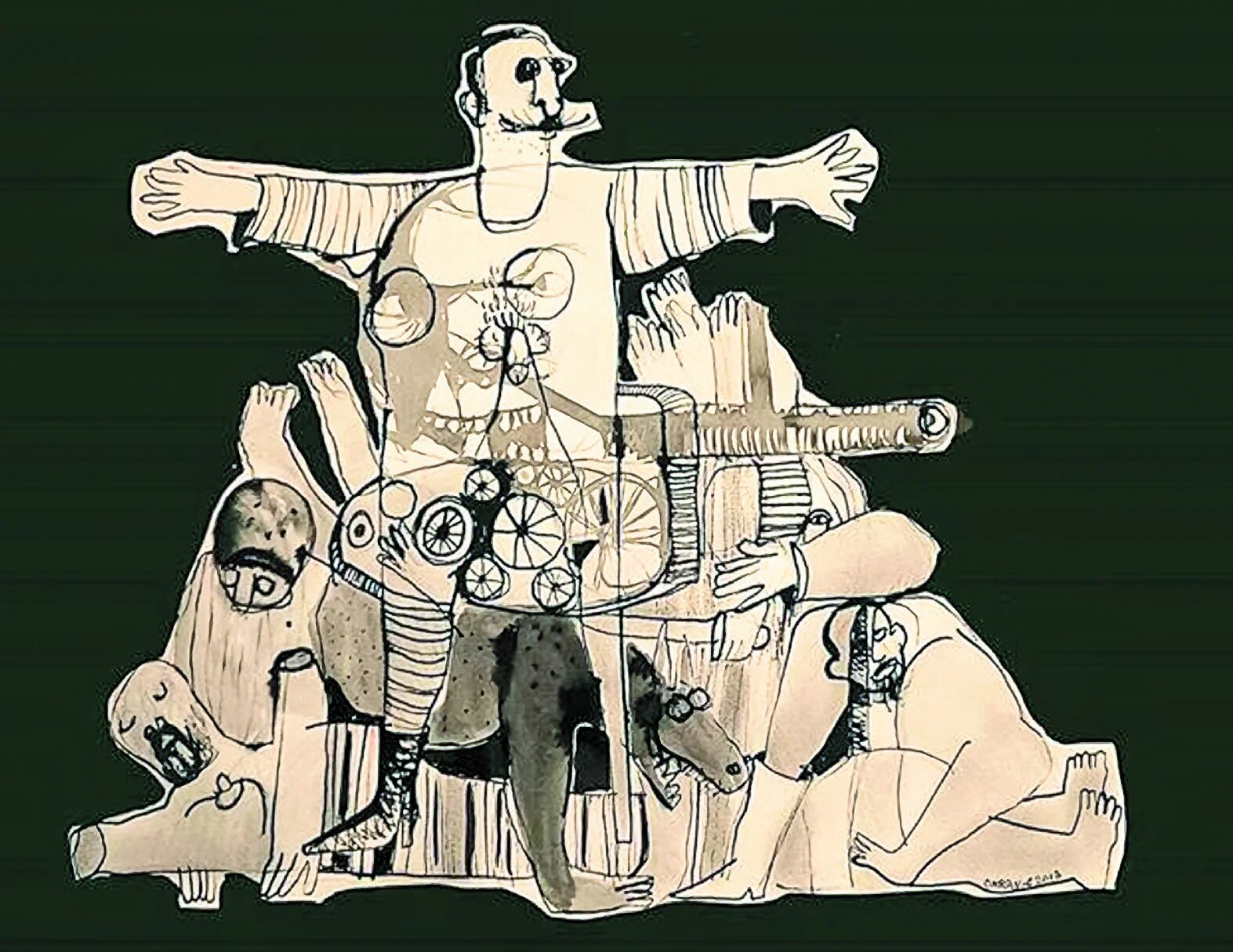 Mohamad Omran's 2013 drawing From al-Bayda To Ras al-Nabeh: in April 2011, government security forces and the pro-government Shabiha militia entered Bayda, arrested the male citizens and humiliated them.