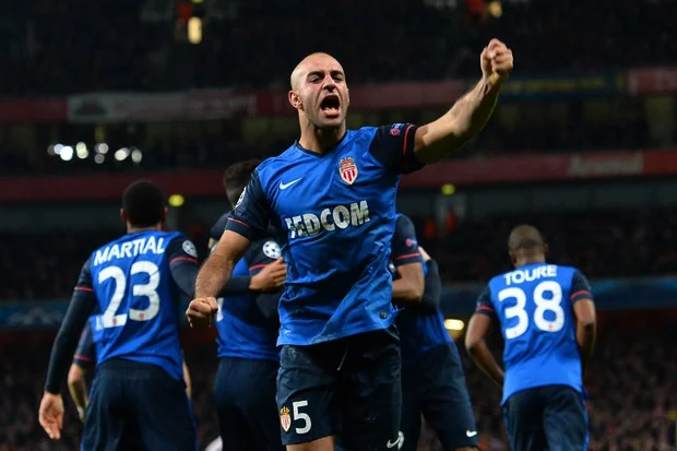 Monaco's Tunisian defender Aymen Abdennour (C) celebrates his team's second goal during the UEFA Champions League round in London on 25 February, 2015 (AFP)