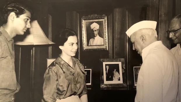 Mourad meets Indian Prime Minister Jawaharlal Nehru (centre) with her father (R) and brother (L) on her first trip to India in the 1960s. (Supplied)