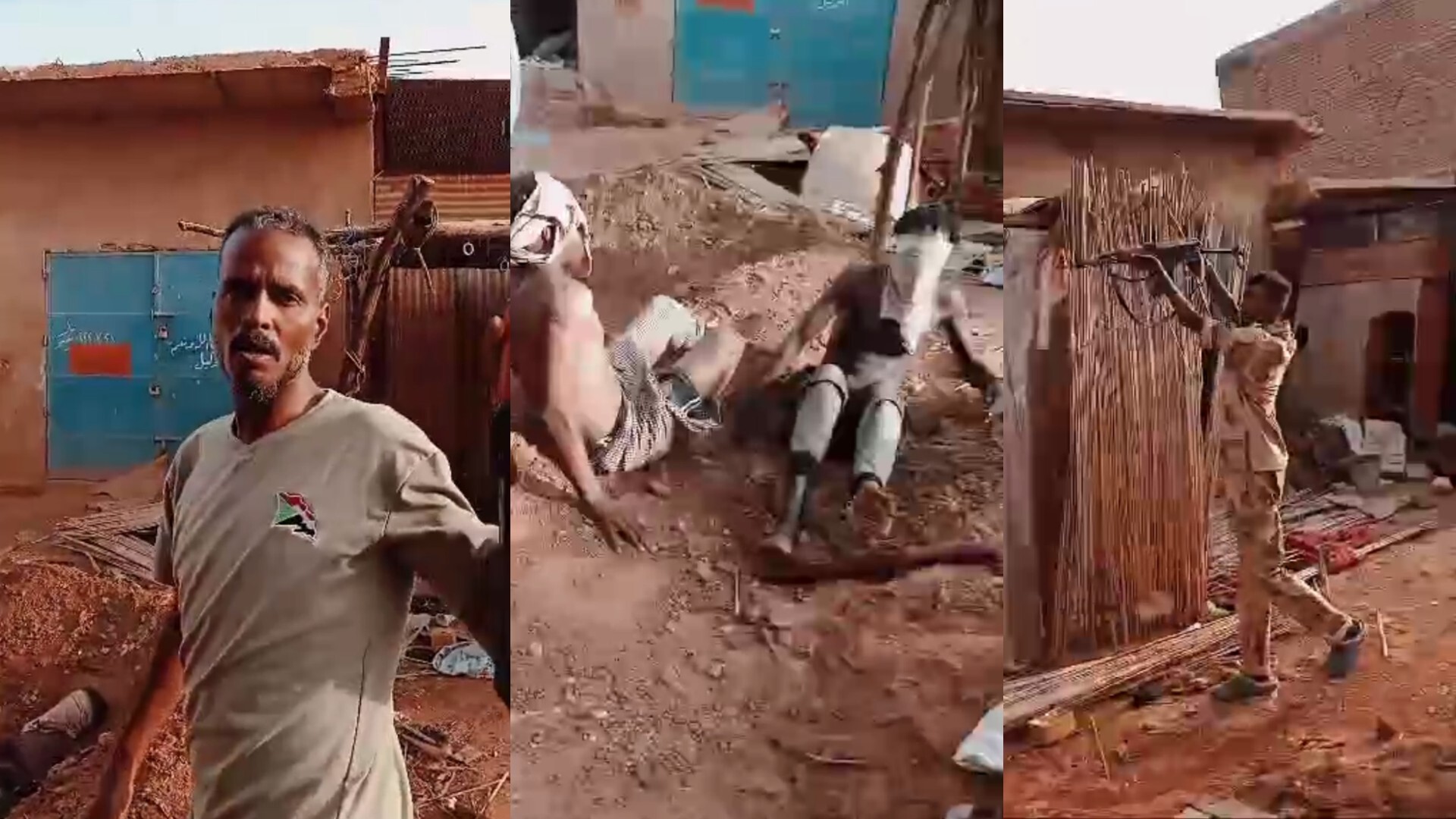 Three images taken from video footage that show from left, a gunman speaking to camera after shooting detainees, two detainees sat on the ground, and a gunman shooting at detainees in a pit offscreeen