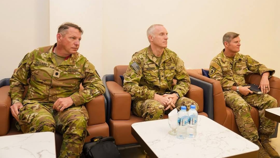 R-L: Major Gen. Claude Tudor, head of Africom; Col. Benjamin Benander, head of US Special Operations in East Africa; and Lt. Col. James Collado of US Army's Special Operations Command Africa in Bosaso, Sudan, in September 2025 (Facebook)