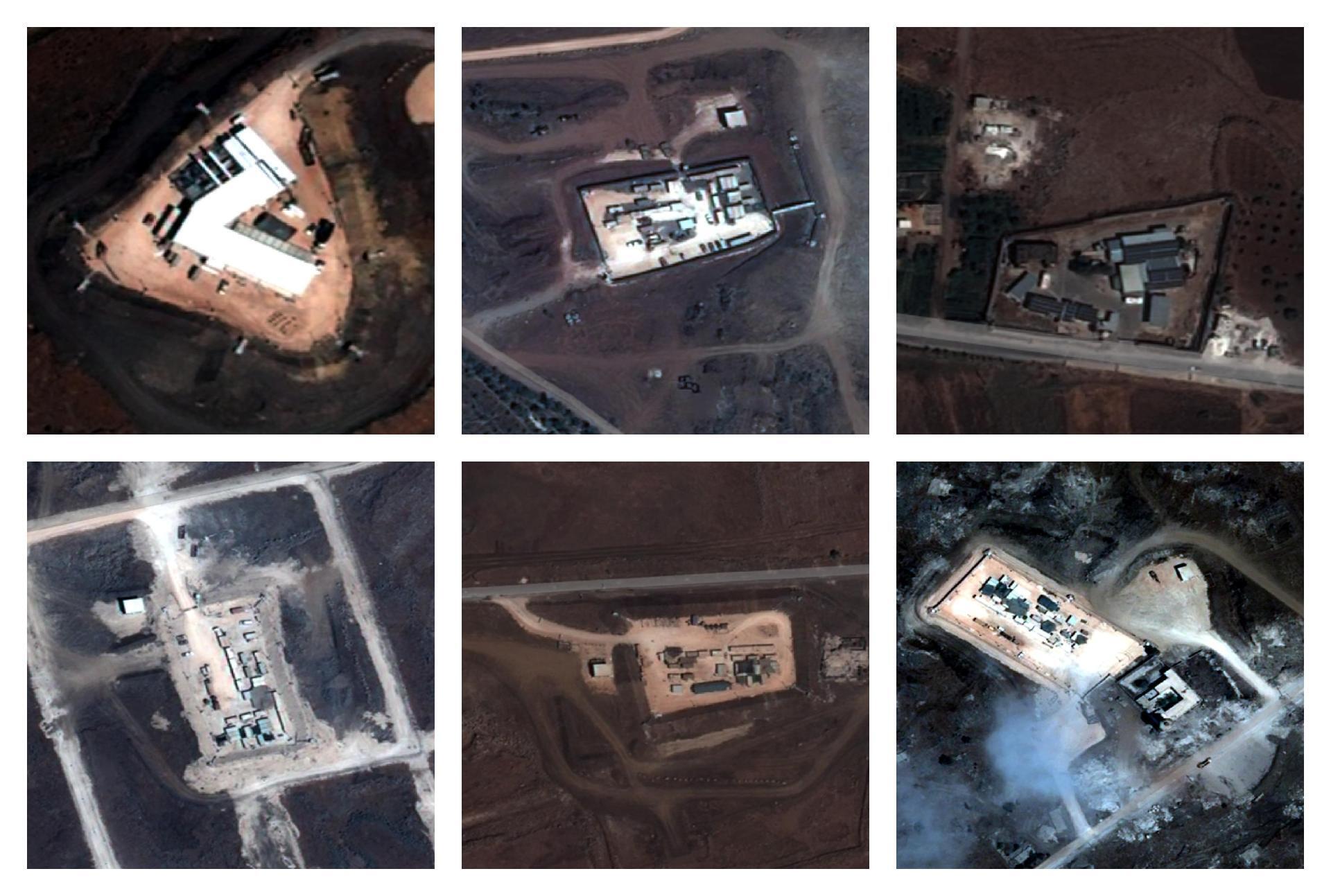 Israeli bases in Syria (from top left): Hader, Jubata al-Khashab, Khan Arnabeh, Lake Aziz, Al-Hamidiyah and Quneitra (MEE)