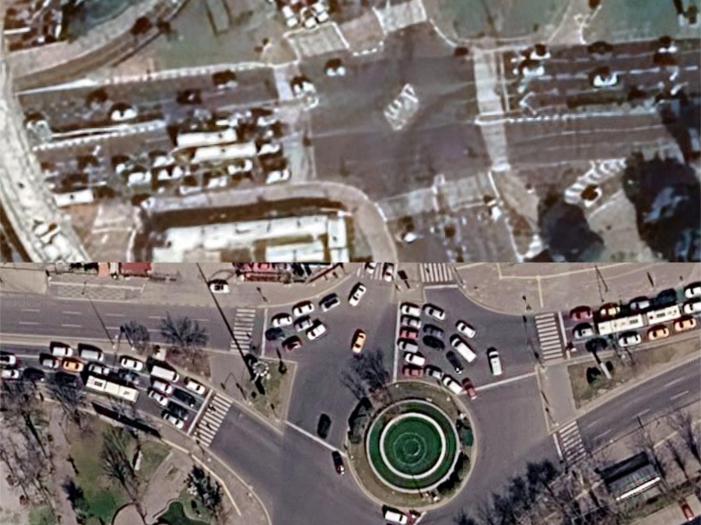 Top: an intersection in Tel Aviv, Israel. Bottom: an intersection in Ankara, Turkey, both viewed on Google Earth. 