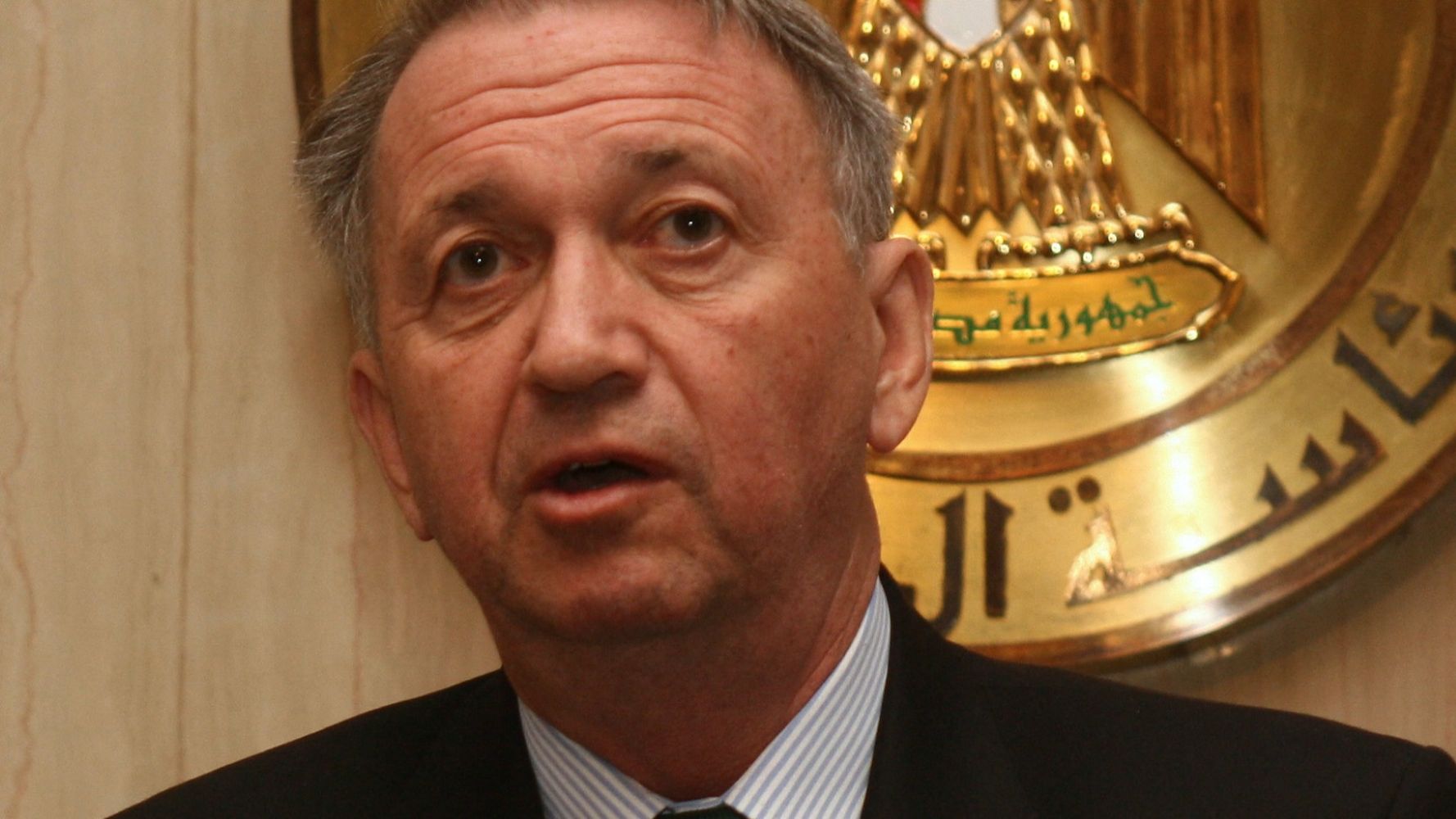 Rod-Larsen speaks in Cairo in 2008 while serving as UN Middle East envoy (AFP)