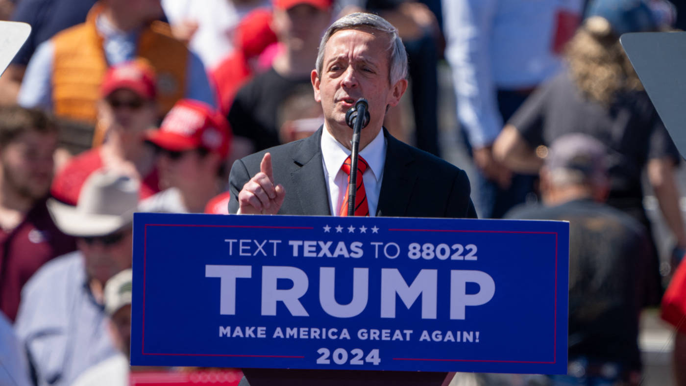 Pastor Robert Jeffress speaks at a campaign rally for Donald Trump in Waco, Texas, in March 2023 (AFP)
