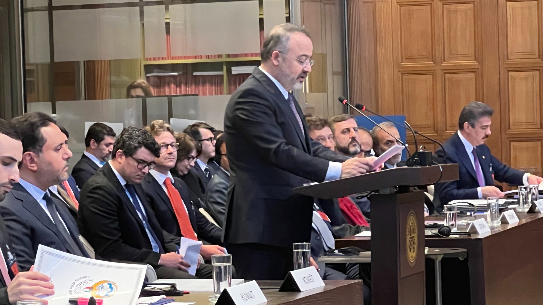 Nuh Yılmaz, the Turkish deputy foreign minister, addressing the court on Wednesday on behalf of Turkey (Sondos Asem/MEE)