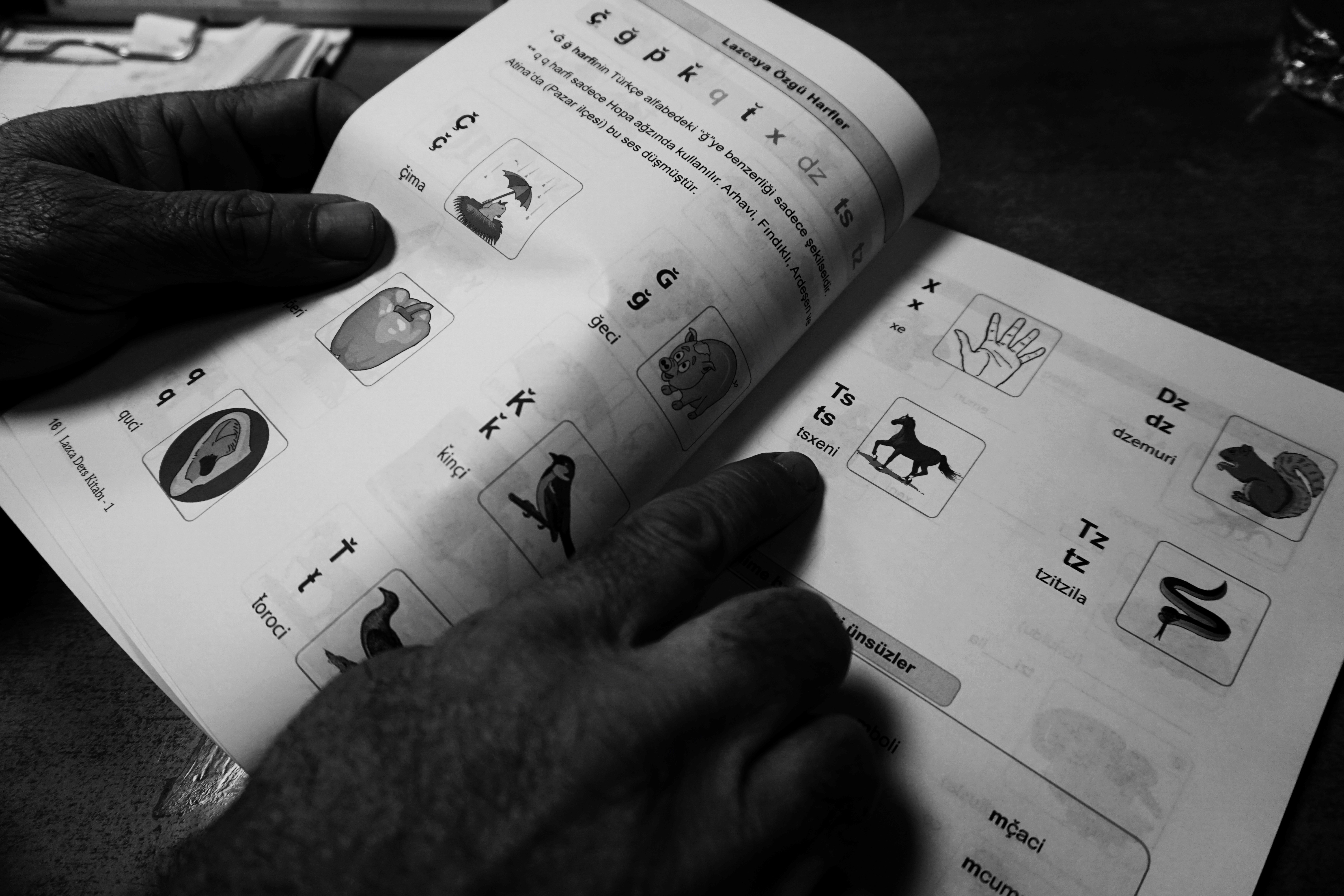  Osman Safak Buyuklu points to the word “horse” in Laz textbook