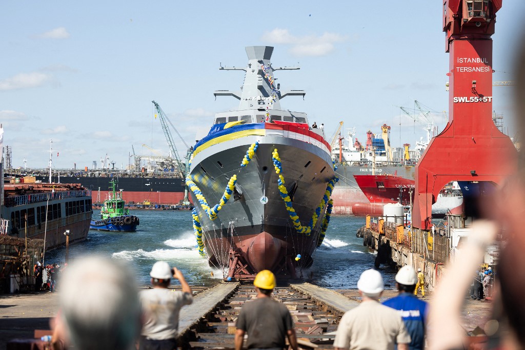 his handout photograph by Ukrainian Presidential Press Service released on August 2, 2024, shows the launching ceremony of the Ada class corvette 