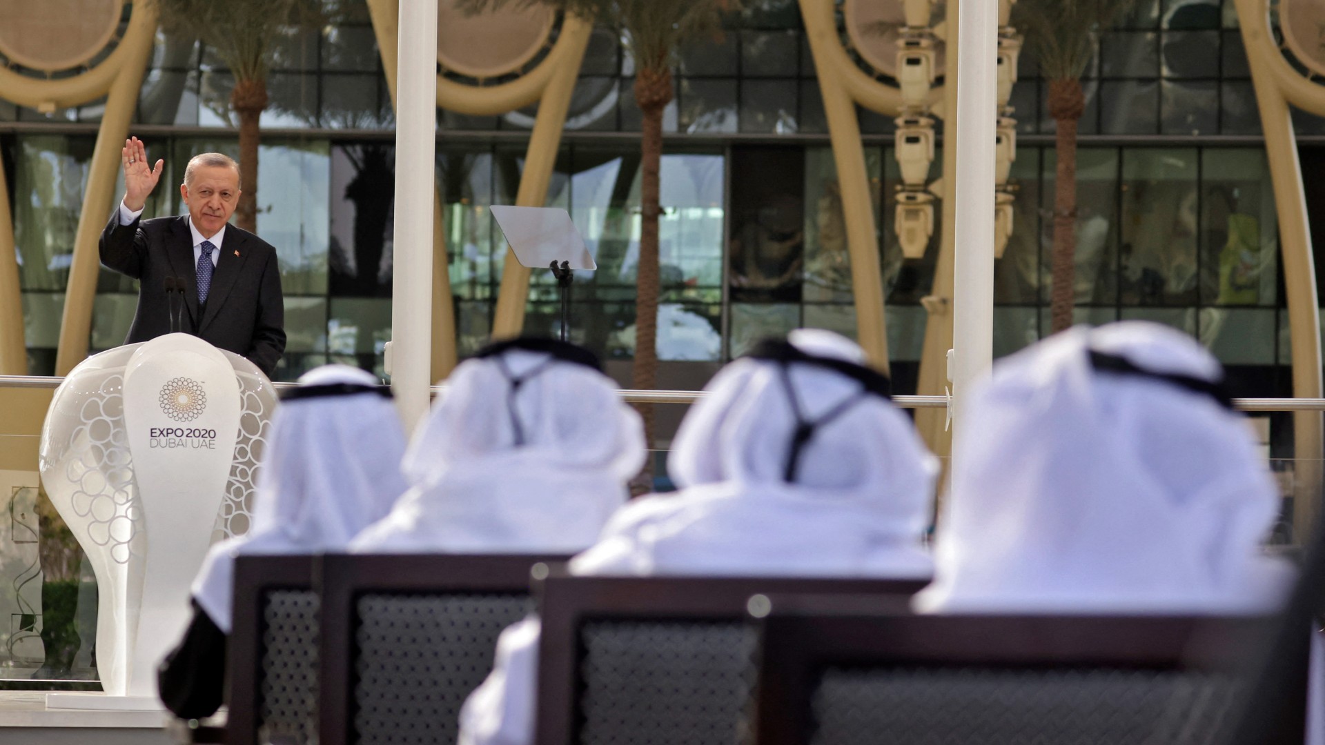 Turkish President Recep Tayyip Erdogan gestures as he delivers a speech during a national event at the Turkish Pavilion of Expo 2020, in the Gulf emirate of Dubai on February 15, 2022