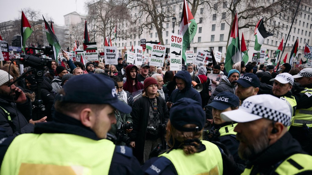 Protesters face police in central London on 18 January 2025 (Benjamin Cremel/AFP)