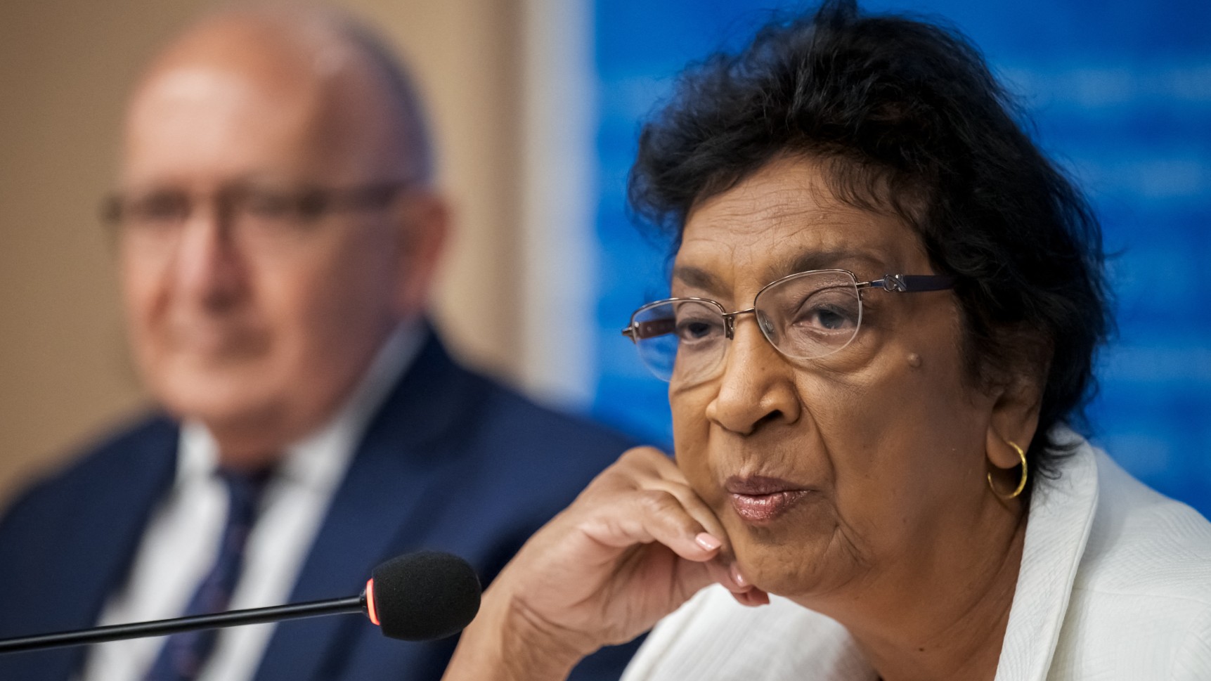 Chair of the Independent International Commission of Inquiry on the Occupied Palestinian Territory, including East Jerusalem, and Israel, South African judge Navi Pillay (R), speaks next to Commission Member Chris Sidoti during a press conference in Geneva on September 16, 2025. 