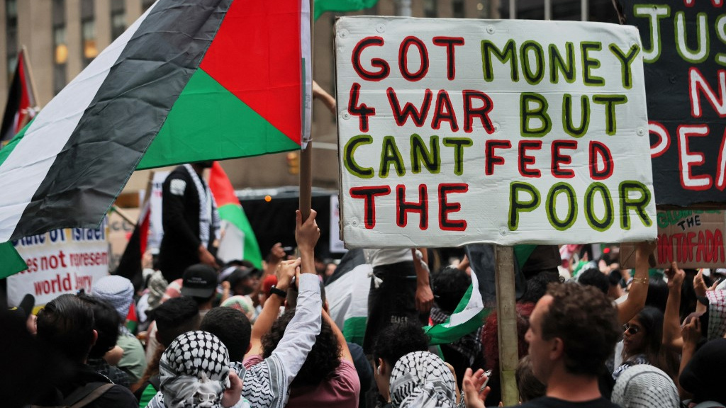 Pro-Palestinian activists demonstrate against Israel’s war on Gaza, and US complicity in it, on 7 October 2025 in New York City (Michael M Santiago/Getty Images/AFP)