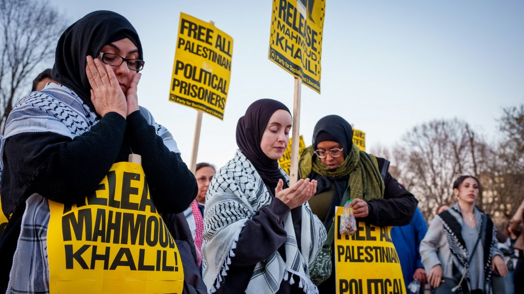 A protester calls for the release of Columbia University student Mahmoud Khalil, during a rally outside the White House on 18 March 2025 (Andrew Harnik/Getty Images/AFP)
