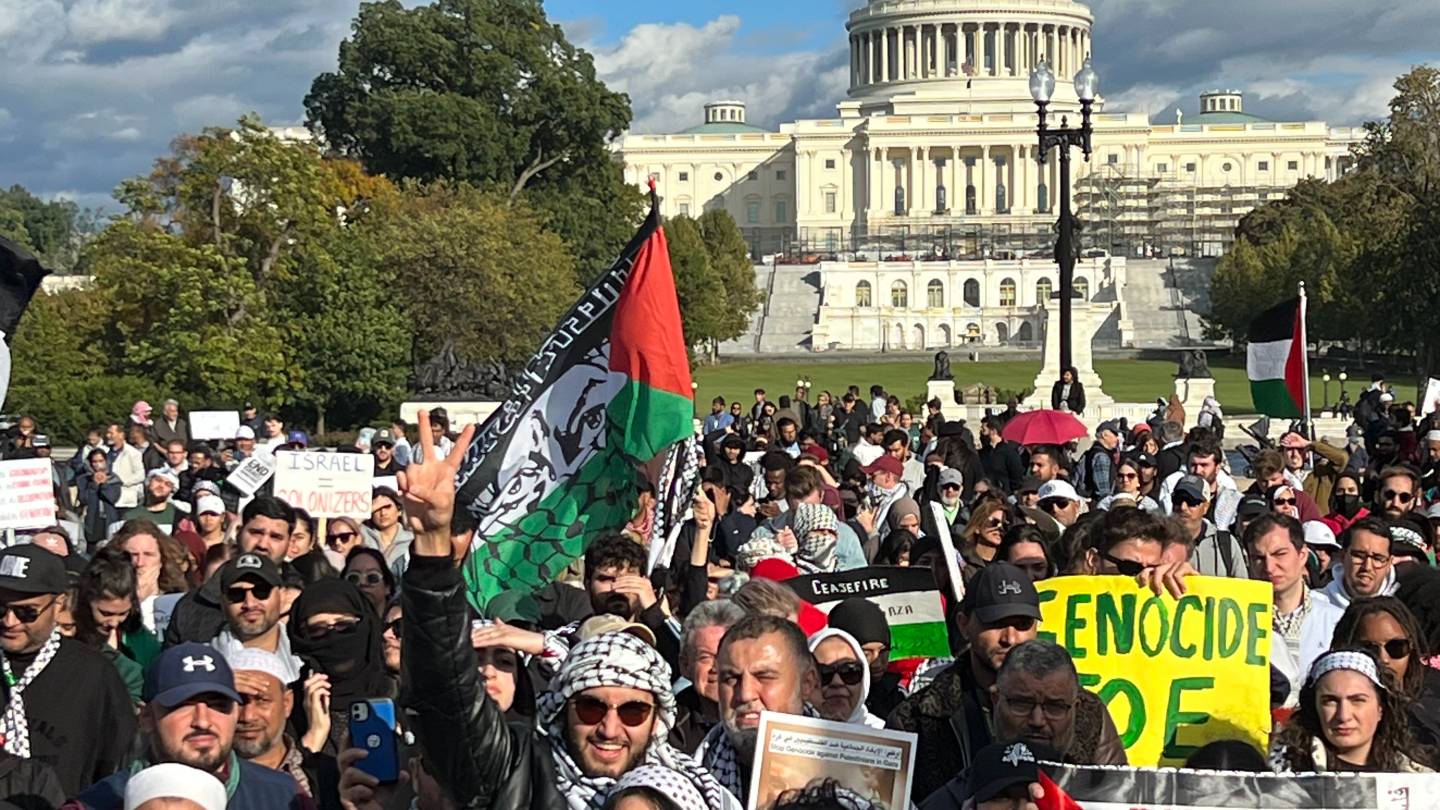 Demonstrators rally in Washington DC on 21 October to demand Israel end its siege on Gaza.