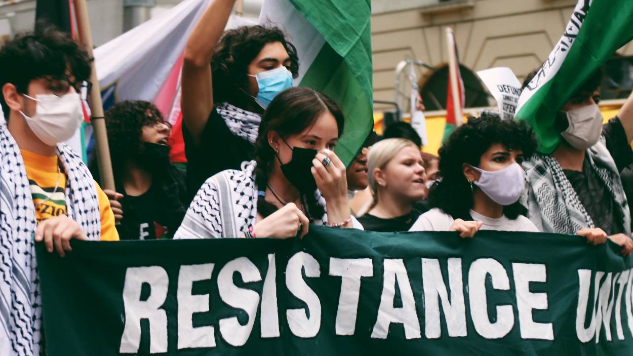 Pro-Palestinian protesters rally Manhattan’s Columbus Circle for a rally in New York City during the anniversary of the Sabra and Shatila Massacre