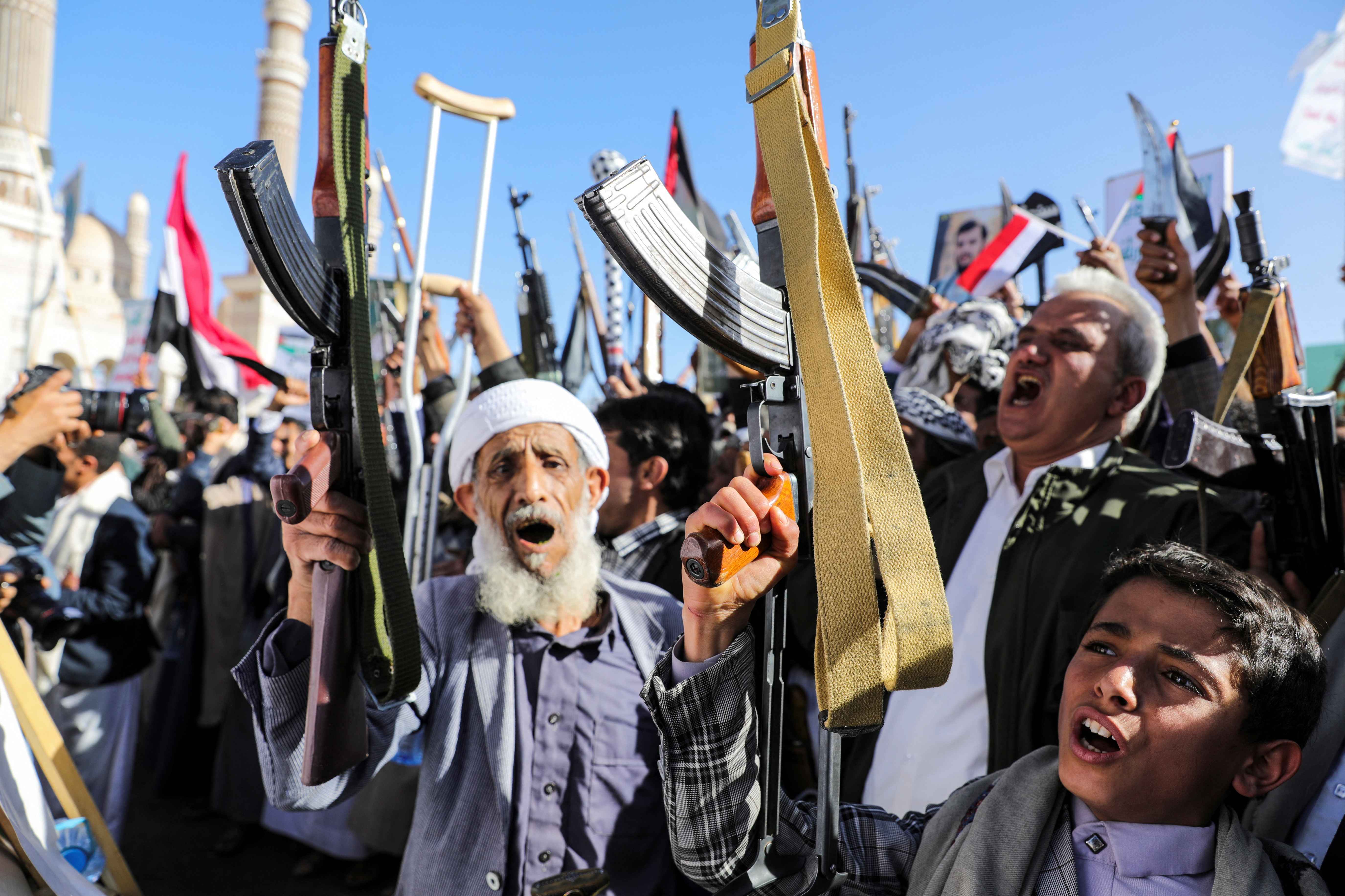 Pro-Palestine demonstrations in Yemen, Sanaa following ceasefire deal announcement (Reuters/Khaled Abdullah)
