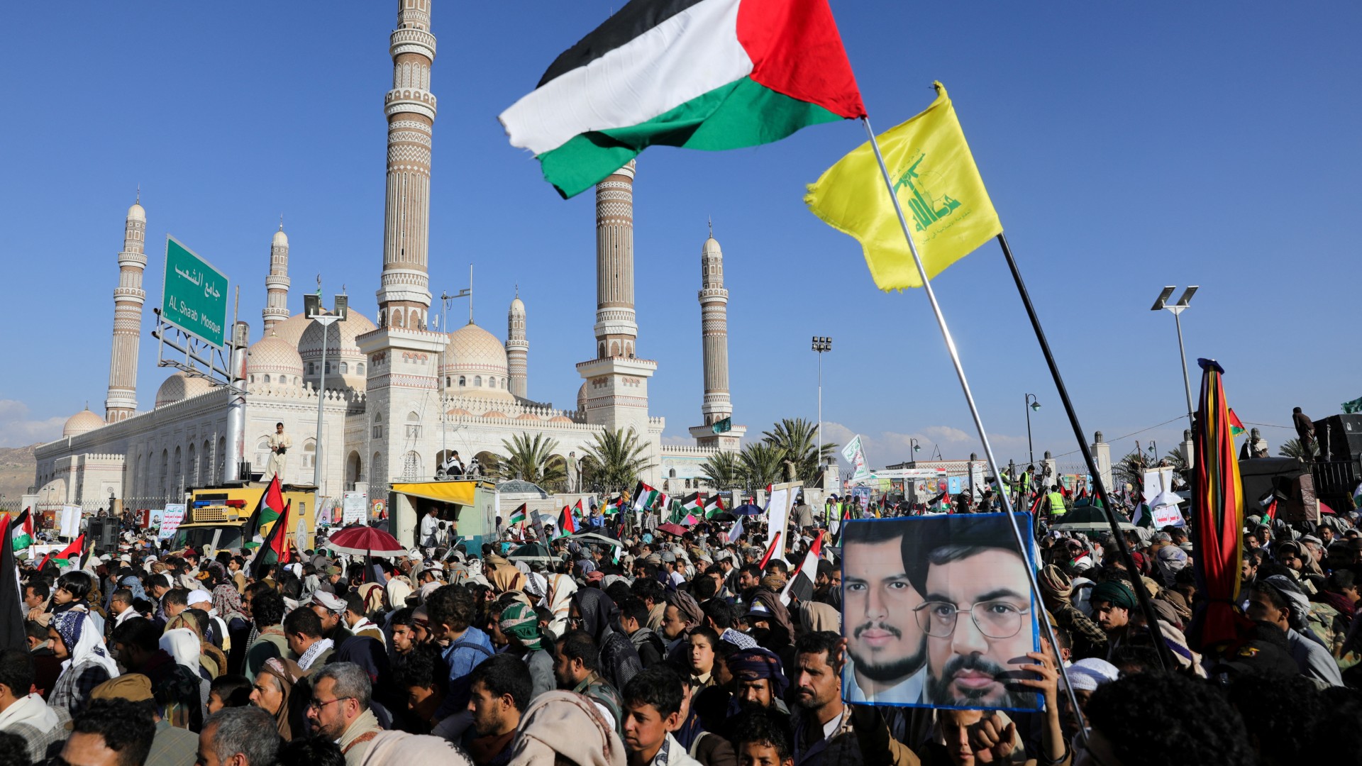 Tens of thousands of Yemenis protested after Friday prayers near the iconic Great Mosque of Sanaa in solidarity with Palestinians in Gaza on 2 Feb 2024 (Reuters)