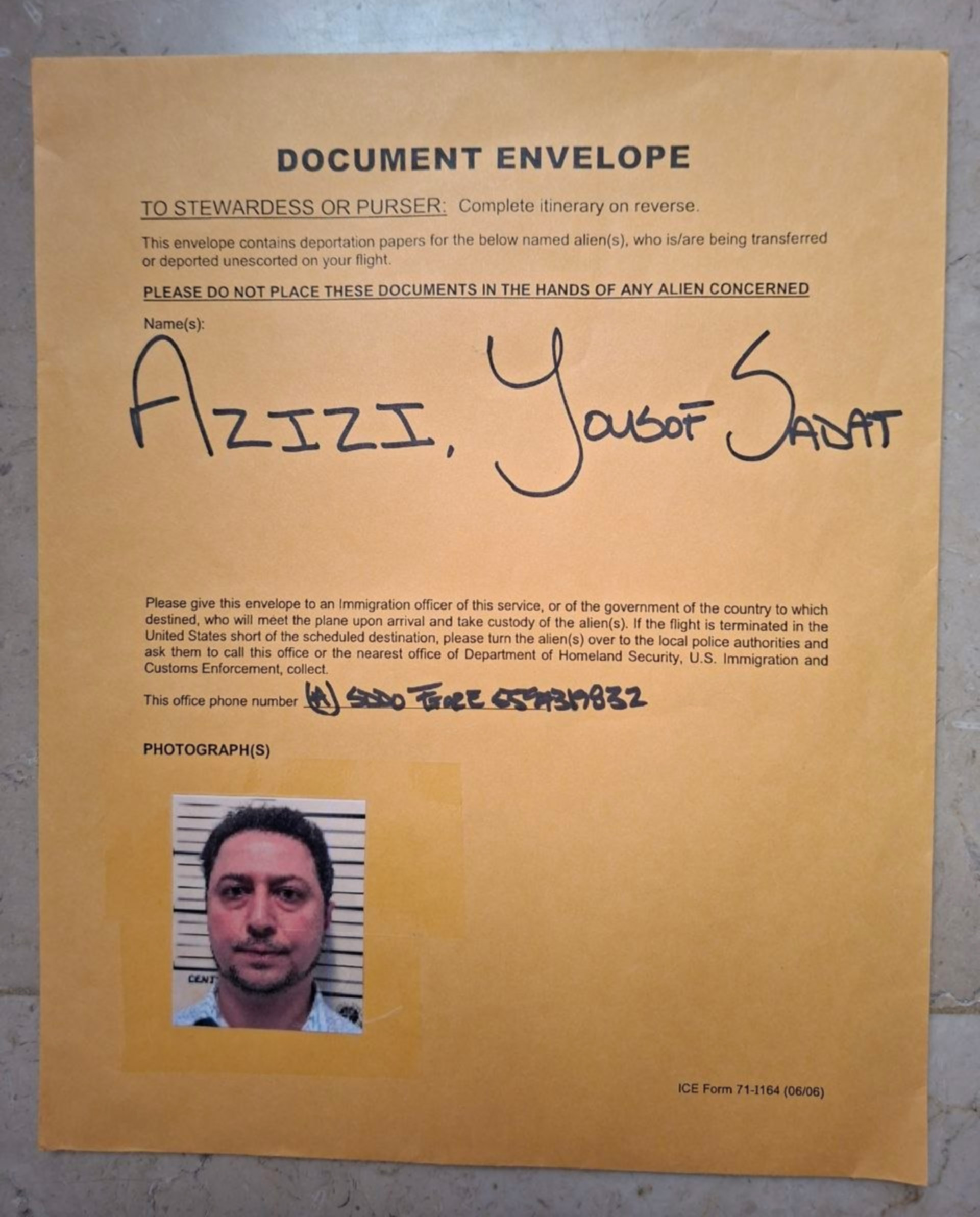 Yousof Azizi was given this document by US authorities as he left the United States (supplied by Yousof Azizi/MEE)